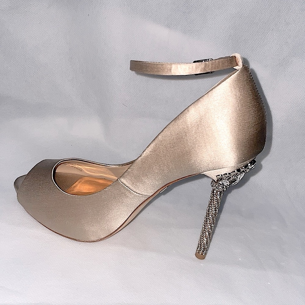 Badgley Mischka,Crystal embellishment, peep-toe satin.